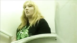 Chubby blonde babe pooping in the toilet