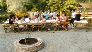 Two hot girls have diarrhea in an outhouse and get stink bombed by friends