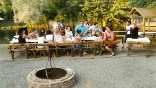 Two hot girls have diarrhea in an outhouse and get stink bombed by friends