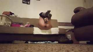 Hot babe spread legs and poops on the couch