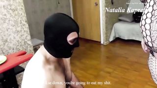 BBW feeding shit to her slave with spoon