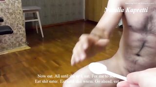 BBW feeding shit to her slave with spoon