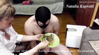 BBW feeding shit to her slave with spoon