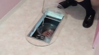Cute Japanese girl pooping in the glass tube for slave