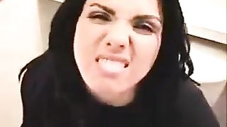 Sexy brunette chick pushing poop