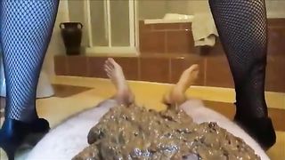 Slutty wife in stockings pooping on her hubby