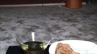 Fat hairy woman piss on a glass and shit on a plate