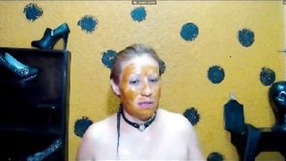 Filthy whore rubs shit on her face