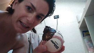 Ugly milf playing with shit covered baseball