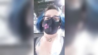 Amateur chick in mask pooping in the toilet