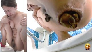 Kinky Japanese hairy pussy chick pooping in the toilet