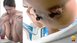 Kinky Japanese hairy pussy chick pooping in the toilet