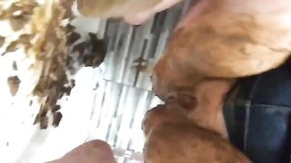 Slut fucking her shitty ass with huge dildo