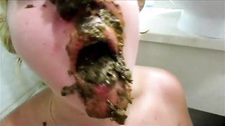 Chubby blonde lady eating her hubby's shit