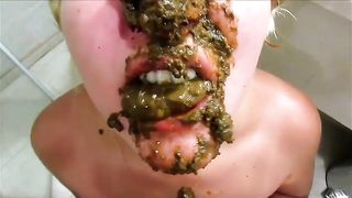 Chubby blonde lady eating her hubby's shit