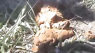 Fat lady pissing and pooping outdoor