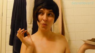 Hungry brunette girl eating her shit
