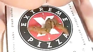 Kinky brunette poops on the Pizza box