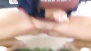 Big tit girlfriend pisses on the grass