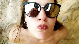 Sexy curvy wife gives blowjob while piss drinking