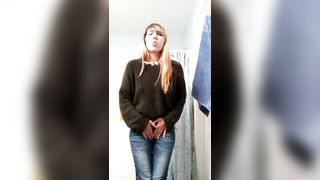 Desperate babe pissing on toilet