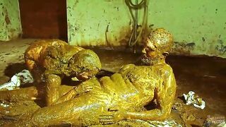 Smearing and sucking cock while covered in cowshit