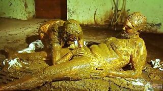 Smearing and sucking cock while covered in cowshit