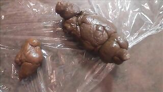 Shaved pussy lady spread legs for poop