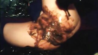 Dirty lady masturbates and shit smearing