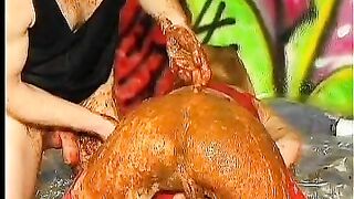 Dirty dude pooping on her lover