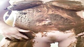 Mature horny slut smears shit all over her body