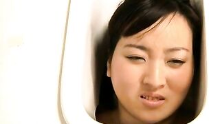 Cute naked skinny Japanese girl poops on slave