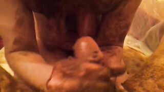 Heavily poop covered wife giving hot blowjob