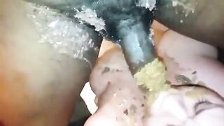 Slutty milf gives scat blowjob to hard black cock