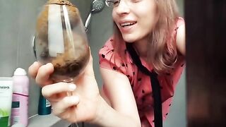 Hot nerdy babe poops in the glass