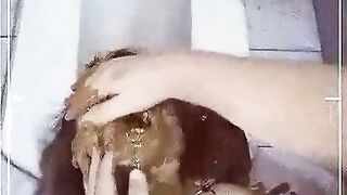 Dirty horny Asian babe sucking cock and eating shit