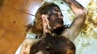 Blonde hot chick smearing shit on her body and face