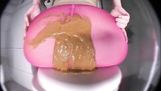 Nasty gal in pink pantyhose pooping heavily