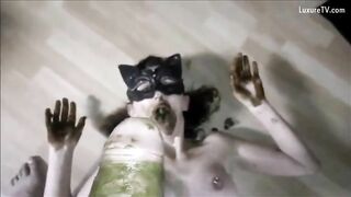 Masked scat wife gives sexy handjob