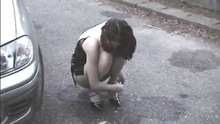 Asian hot girl piss on Nissan hood