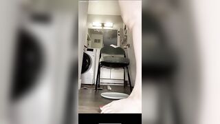 Chubby hot brunette babe poops backwards on the chair