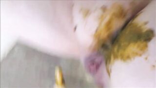 Bitch enjoying dildo in scat way