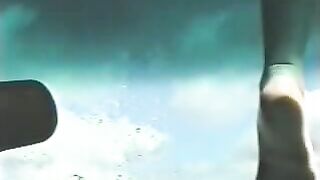 Blonde with large open fanny pees down car screen