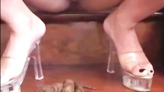 Hairy brunette shitting on the stairs closeup