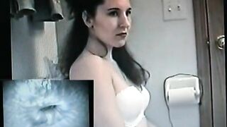 Hot brunette babe shitting on toilet