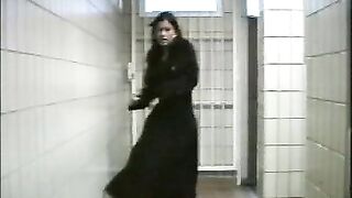 Hot brunette squirts out enema against bathroom stall