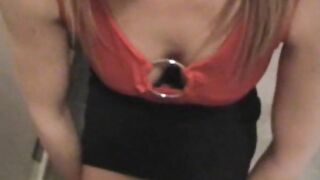 Pissing on her pretty boobs