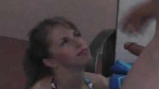 Cute girl drinking pee while sucking cock