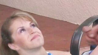 Cute girl drinking pee while sucking cock