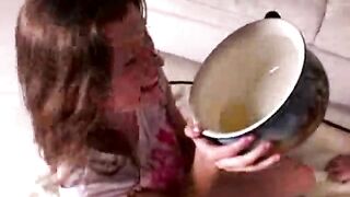 Amazing lovely brunette piss drinking